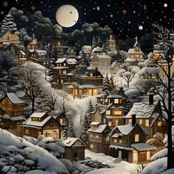 un pueblo de noche bajo árboles nevados 2