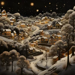 un pueblo de noche bajo árboles nevados 3