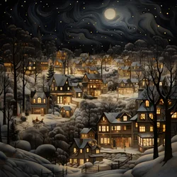 un pueblo de noche bajo árboles nevados 4