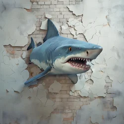 un tiburón azul con la cara pintada en una pared vieja 1