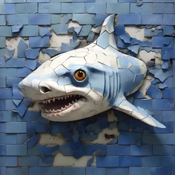 un tiburón azul con la cara pintada en una pared vieja 2