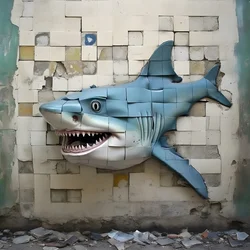 un tiburón azul con la cara pintada en una pared vieja 3