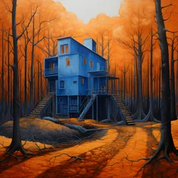 una casa azul en un bosque naranja 1