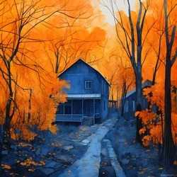 una casa azul en un bosque naranja 2