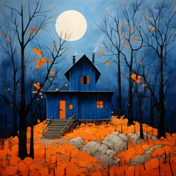una casa azul en un bosque naranja 3