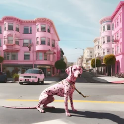 un perro rosa en medio de la ciudad de san fransisco 4