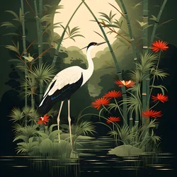hermosa ilustración japonesa de una grulla y bambú 1
