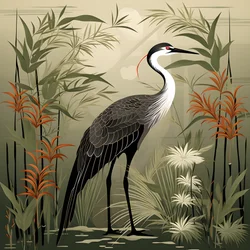 una hermosa ilustración japonesa de una grulla y bambú 3