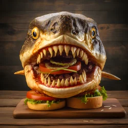 hamburguesa de queso con cabeza de tiburón grande y ternera sobre tabla de madera 4