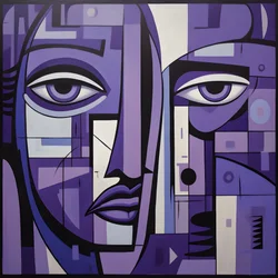 pintura geométrica morada y gris con ojo morado 2