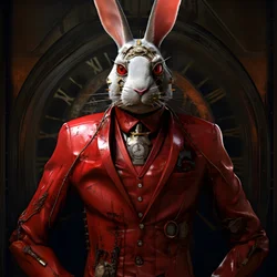 conejo androide cibernético antropomórfico masculino, con bata roja 2