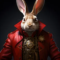 conejo androide cibernético antropomórfico masculino, con bata roja 4