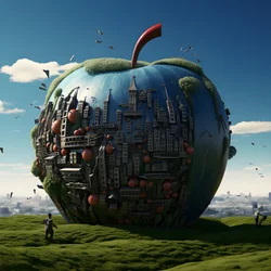 Manzana gigante en un campo con muchas ventanas pequeñas 1