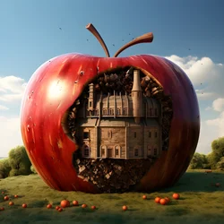 Manzana gigante en un campo con muchas ventanas pequeñas 3