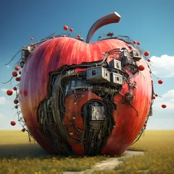 Manzana gigante en un campo con muchas ventanas pequeñas 4