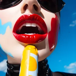 supercerca de una paleta de colores derritiéndose junto a la boca de una mujer 1