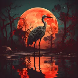 agua y un gran pájaro de pie en el atardecer de luna llena 1