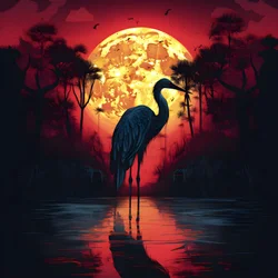 agua y un gran pájaro de pie en el atardecer de luna llena 2