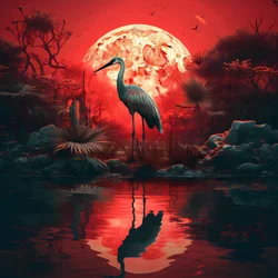 agua y un gran pájaro de pie en el atardecer de luna llena 4