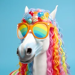 Caballo blanco con gafas arco iris sobre fondo azul 4