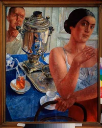 Alrededor del samovar. (Escena de la vida cotidiana, una pareja está tomando el té). Pintura de Kuzma Sergeyevich Petrov Vodkin (Petrov-Vodkin) (Kouzma Petrov Vodkin) (Petrov-Vodkin) (1878-1939), óleo sobre lienzo