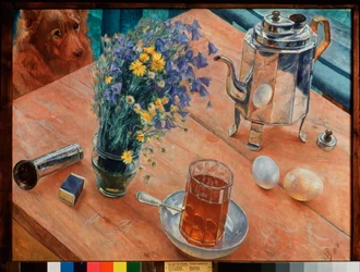 Bodegón matinal. (Vaso de té y tetera, huevos, caja de fósforos y ramo de flores silvestres, colocados sobre una mesa, observados por un perro). Pintura de Kuzma Sergeyevich Petrov Vodkin (Petrov-Vodkin) (Kouzma Petrov Vodkin) (Petrov-V