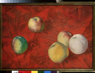 Manzanas sobre un fondo rojo. (manzanas En El Fondo Rojo). Pintura de Kuzma Sergeyevich Petrov Vodkin (Petrov-Vodkin) (Kouzma Petrov Vodkin) (Petrov-Vodkin) (1878-1939), óleo sobre lienzo