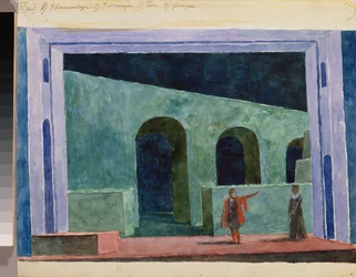 Decoración preparatoria para la ópera ""Boris Godunov"" de Modeste Moussorgski (1839-1881). Obra de Kuzma Sergeyevich Petrov Vodkin (Petrov-Vodkin) (Kouzma Petrov Vodkin) (Petrov-Vodkin) (1878-1939), acuarela sobre papel