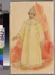 Proyecto de vestuario para la ópera ""Boris Godunov"" de Modest Mussorgsky (1839-1881). Obra de Kuzma Sergeyevich Petrov Vodkin (Petrov-Vodkin) (Kouzma Petrov Vodkin) (Petrov-Vodkin) (1878-1939), lápiz y acuarela sobre papel