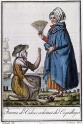 Mujer de Calais comprando conchas - en “Encyclopedia of travels” de J. Grasset St Sauveur, Deron, París