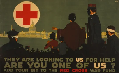 Ellos nos miran para pedir ayuda, cartel de la Primera Guerra Mundial para la Cruz Roja