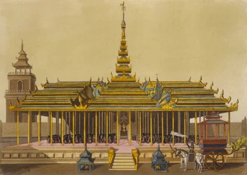 El Rey de Siam se dirige a los cortesanos en su pabellón, lámina 69 de El Traje Antiguo y Moderno por Jules Ferrario, grabado por Gaetano Zancon, publicado en la década de 1820-30