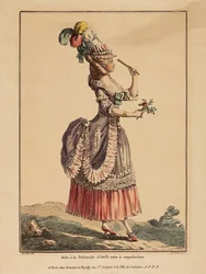 La Gallerie des Modes; Le Clerc; Dupin - grabado coloreado - Vestido a la polonesa de tela lisa con capucha