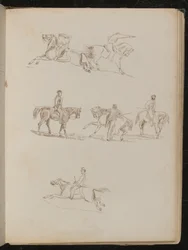 Seis estudios de caballos con varios jinetes masculinos en varias poses, uno con pistola levantada