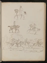 Estudios de soldados a caballo, la escena de grupo está inscrita 