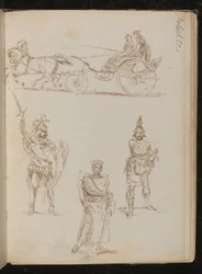 Estudio de un carruaje tirado por caballos con tres ocupantes, tres estudios de guerreros grecorromanos con armas y escudos