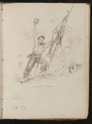 Estudio de hombre sosteniendo una bandera y su sombrero en alto, inscrito 