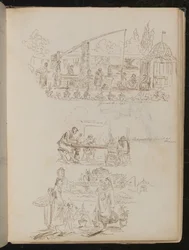 Escena de jardín y lavandería con figuras femeninas, y un estudio de cuatro figuras