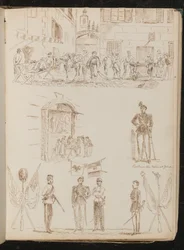 Escena de ciudad con soldados bebiendo, estudio de un puesto de mercado, estudio de un guardia nacional piamontés, estudio de cuatro soldados y banderas cruzadas