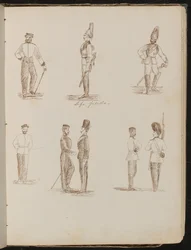 Ocho estudios de soldados de pie en uniforme, inscritos 