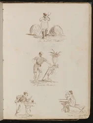 "Campesino inglés", "un campesino genovés", estudio de figuras en tabernas inscrito "Battista" y "Bile", lugar y fecha "20 de junio"