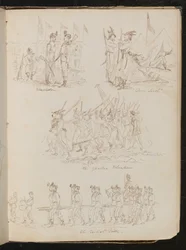 Cuatro escenas de batallón con la inscripción "Wimbledon", "Down South", "The Yankee Volunteers", "The British Ditto" con variedad de tipos de soldados