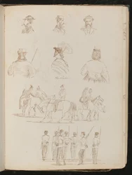 Cuatro estudios de bustos masculinos, dos de una mujer con parasol, estudio de grupo de hombres y mujeres a caballo, estudio de grupo de soldados