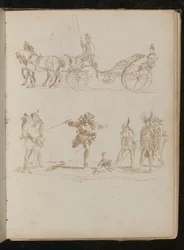 Oficial con sombrero de copa y charreteras en carruaje tirado por caballos, estudio de seis soldados mediterráneos y un perro