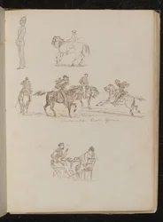 Soldado de uniforme completo, estudios de un joven con caña de pescar a caballo, cuatro hombres a caballo