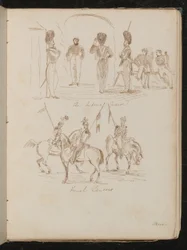 Estudios de soldados con la inscripción "Guardias Imperiales", soldados con banderas a caballo con la inscripción "Lanceros Franceses"