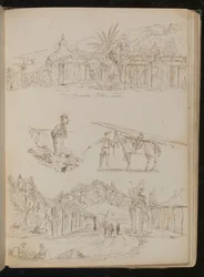 Estudio de una "Villa Genovesa", un hombre con una pipa, un caballo de carga, un arco paisajístico con figuras
