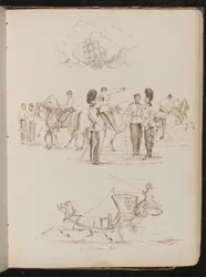 Estudio de un barco en el agua, estudio de ocho soldados y cinco caballos, estudio de un caballo y un carruaje con una jinete
