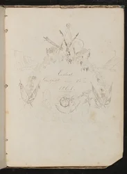 Estudio de materiales de artistas, mariposa, flores, banderas, acantilado y guirnalda en formación de escudo de armas alrededor de la inscripción "Terminado el 12 de agosto de 1861"