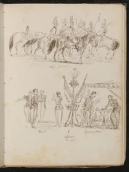 Estudio de soldados a caballo con la inscripción "Life Guards", estudio de grupos de soldados con banderas, fumando y bebiendo